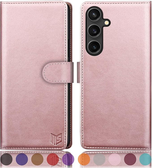SUANPOT Compatible with Samsung Galaxy S25 Wallet case with RFID Blocking Credit Card Holder,Flip Book PU Leather Protective Cover Women Men for Samsung S25 Phone case Rose Gold
