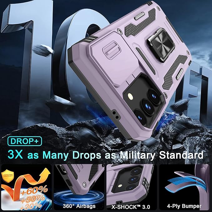 DEERLAMN Case for Samsung Galaxy S24 FE 6.7-Inch with Slide Camera Cover+Screen Protector(1 Pack), Rotated Ring Kickstand Military Grade Shockproof Protective Cover-Deep Purple