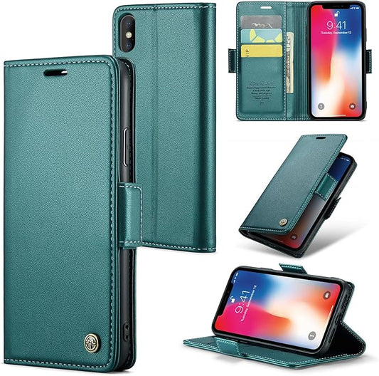 for iPhone Xs Max Case, Premium PU Leather Wallet Case Flip Cover with [RFID Blocking][Card Holder][Stand Function] Shockproof Protective for iPhone Xs Max 6.5", Blue-Green