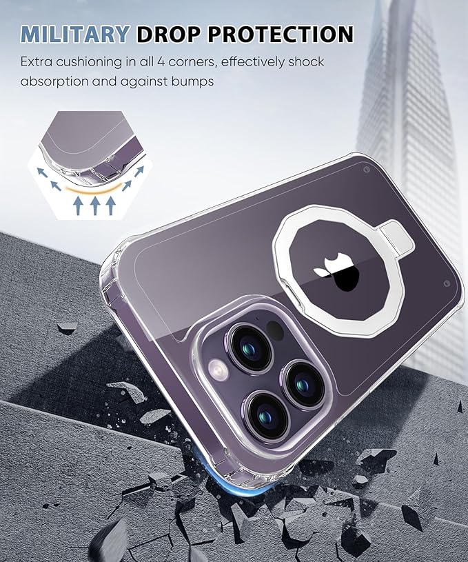 Compatible with iPhone 14 Pro Case, Built-in Screen Protector & Seamless Stand, with Camera Lens Protector, Strong Magnetic Clear Phone Case, Full Body Protective Cover for 6.1" (Clear)