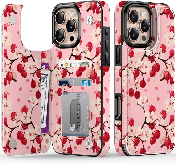 FUNMIKO for iPhone 16 Pro Wallet Case with Card Holder, RFID-Blocking, Military-Grade Protection & UV-Printed Artwork, Magnetic Closure with Leather Kickstand - Cherry Blossom