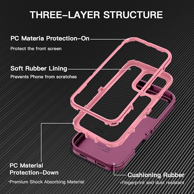 for iPhone 16 Pro Case Shockproof Dust/Drop Proof 3-Layer Full Body Protection [Without Screen Protector] Rugged Heavy Duty Cover Case for Apple iPhone 16 Pro 6.3" 2024,Purple/Pink