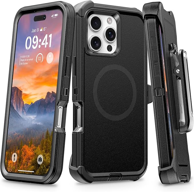 for iPhone 16 Pro Max Case with Belt Clip Holster, Anti-Shock, Anti-Slip, Compatible with MagSafe, 3-Layer Drop Protection, Heavy Duty Magnetic Phone Case Cover for16 Pro Max, 6.9", Black