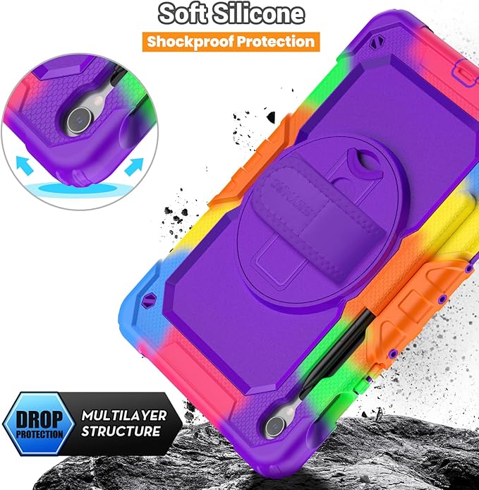 SEYMAC Case for Samsung Galaxy Tab S10 Lite/ S10 FE/ S9 FE/ S9 5G (10.9''/11''), Heavy Duty Shockproof Protective Case with Screen Protector, Rotating Stand, Hand Strap and Pen Holder, Purple