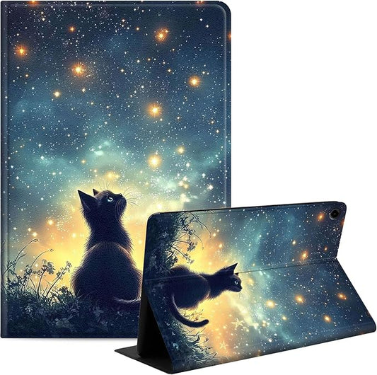 Case for Samsung Galaxy Tab A9 8.7-Inch 2023, Slim PU Leather Stand Cover with Auto Wake/Sleep, Multi-Angle Viewing & Shockproof, Black Cat Sky