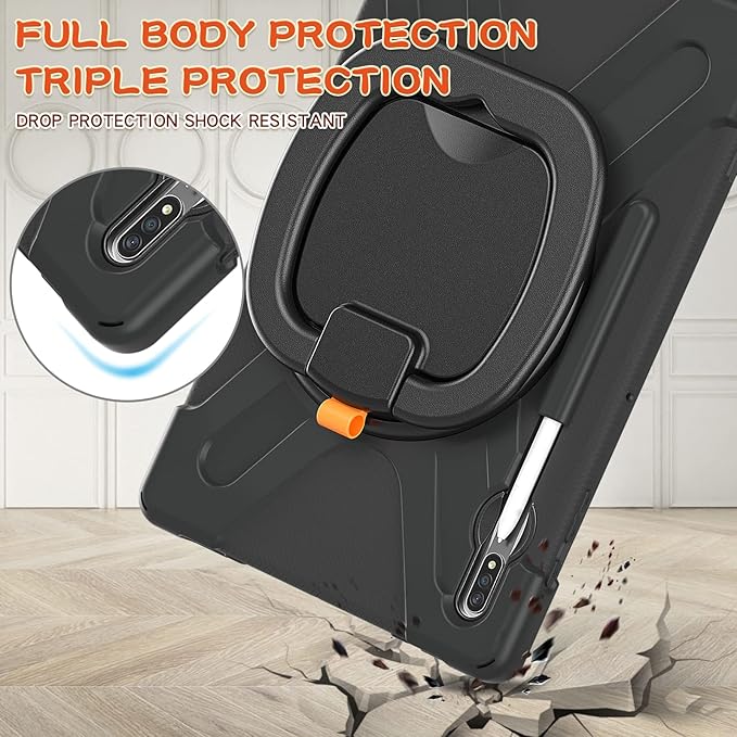 360 Rotation Portable Case for Galaxy Tab S8+/S7 FE/S7+ 12.4 Inch Case with S Pen Holder Rugged Case Rotating Stand Hand Strap Shoulder Carrying Strap Outdoor Cover (Black)