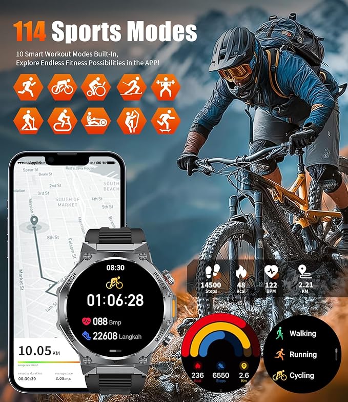SUNKTA EF15 Military Smart Watch for Men - LED Flashlight, 1.75" HD Fitness Tracker Watch, 800mAh Long Battery Mens Smart Watches, 110+ Sport Mode/Pedometer/IP68 Waterproof Smartwatch for Android iOS