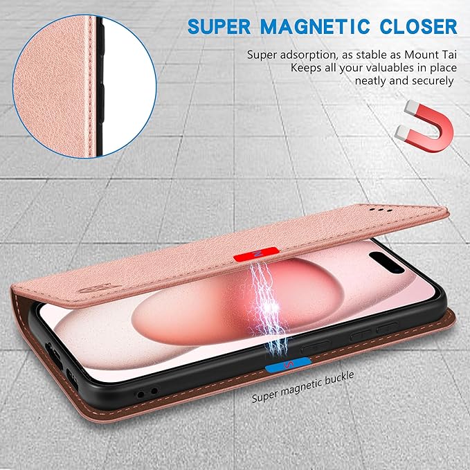 ZZXX for iPhone 15 Wallet Case with [RFID Blocking] Card Slot Stand Strong Magnetic Leather Flip Fold Protective Phone Case for iPhone 15 Case Wallet(Pink-6.1 inch)