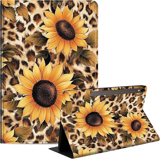 Case for Samsung Galaxy Tab S10 FE/ S9 FE 5G 10.9 Inch/Tab S9 11 Inch, Slim PU Leather Stand Cover with Auto Wake/Sleep, Multi-Angle Viewing & Shockproof, Leopard Sunflower