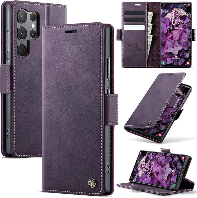 Wallet Case for Samsung Galaxy S23 Ultra Leather Wallet Flip Cover with Card Holder, Kickstand, Magnetic Closure, RFID Blocking TPU Shockproof Phone Case Compatible with S23 Ultra, Purple