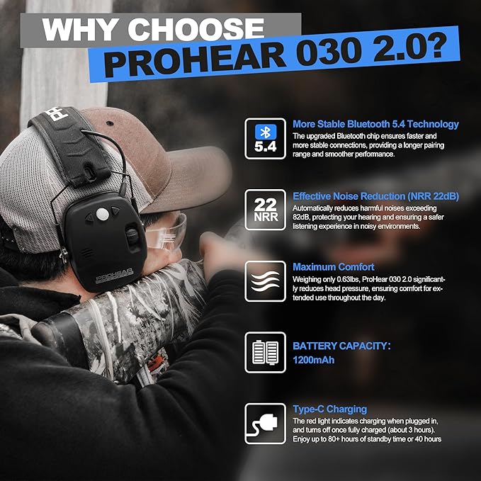 PROHEAR 030 2.0 Bluetooth Rechargeable Shooting Ear Protection, Slim Noise Cancelling Earmuffs, NRR 22dB for Hunting & Tactical Gun Range