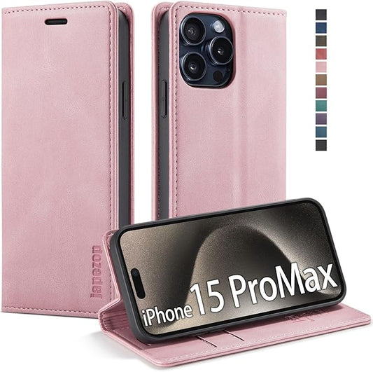 japezop iPhone 15 Pro Max 5G Wallet Case with [RFID Blocking],Card Holder Kickstand Magnetic,Leather Flip Case Wallet for iPhone 15 Pro Max 5G 6.7 Inch(Pink)