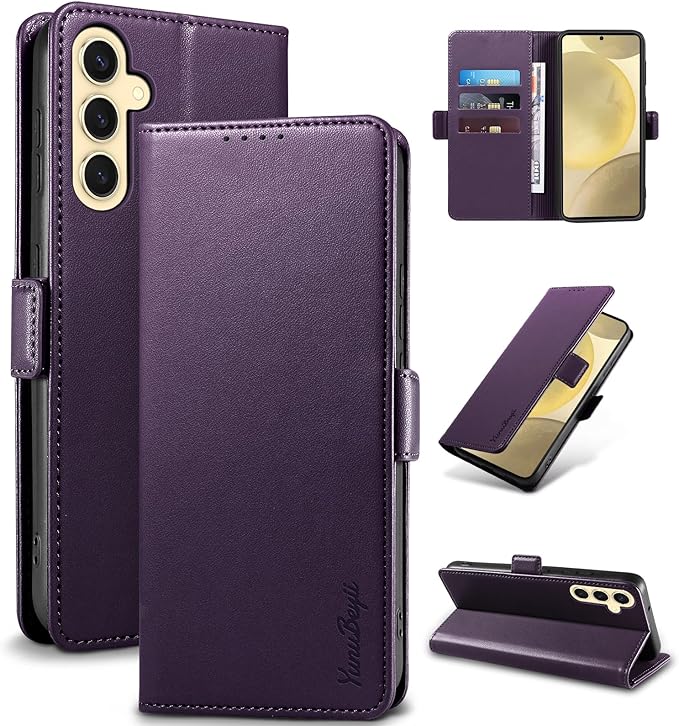 Wallet Flip Case for Samsung Galaxy S25 5G - [RFID Blocking] Luxury PU Leather Card Holder Magnetic Phone Cover with Kickstand,Shockproof Protective Case,Purple