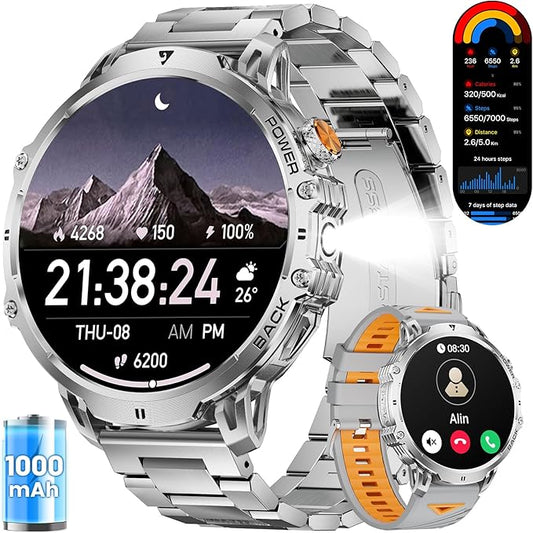 LIGE Smart Watch with 1.85" HD Large Screen, Android iPhone Smart Watches for Men with 1000mAh Battery/LED Flashlight/50M Waterproof/,120+ Sports Fitness Tracker Watch, Silver (Double Straps)