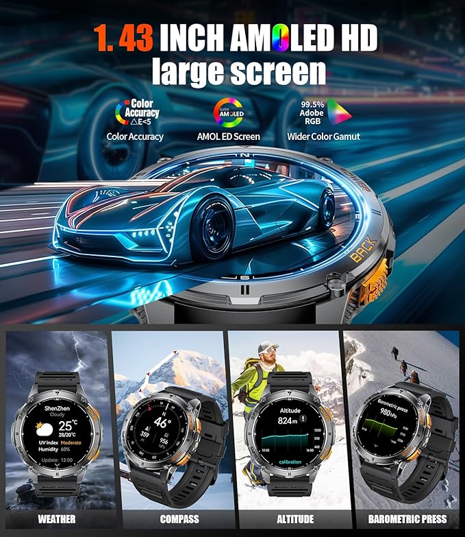 GPS Smart Watch for Men with LED Flashlight, 530mAh Extra Large Battery, 1.43'' AMOLED Military Smartwatch Answer/Make Call with Heart Rate SpO2 Sleep Monitor for Android iOS Black