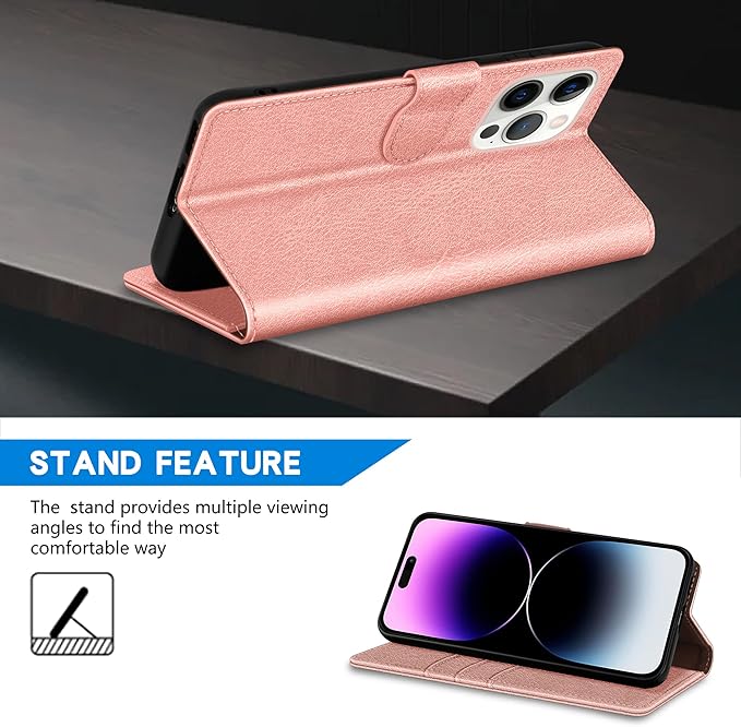ZZXX for iPhone 14 Pro Max Wallet Case with [RFID Blocking] Card Slot Kickstand Magnetic Closure Leather Flip Fold Protective Phone Case for iPhone 14 Pro Max Case Wallet(Rose Gold-6.7 inch)