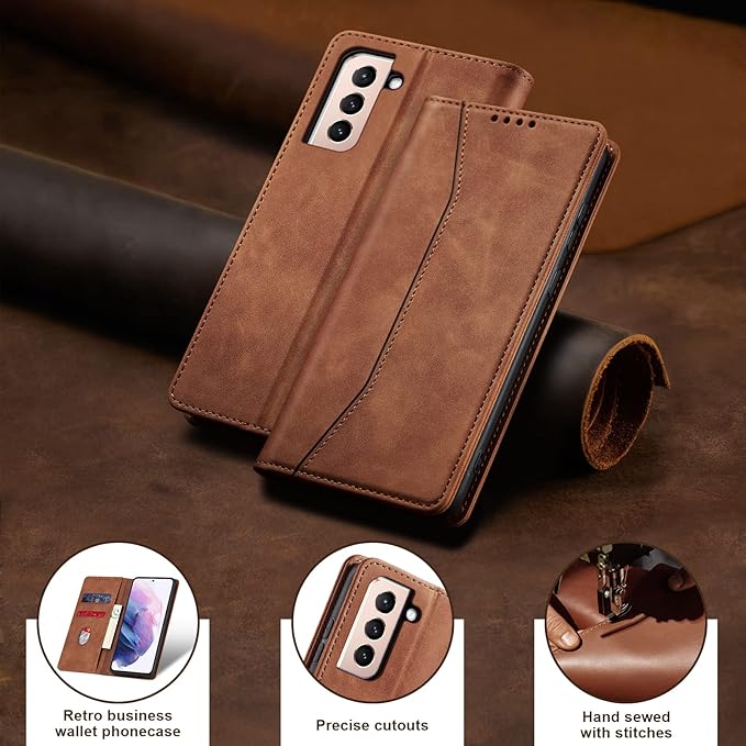 Jasonyu Wallet Case for Samsung S21 Plus, PU Leather Cover with Stand, Magnetic Folio Flip, TPU Shockproof Interior Case and Card Holder Slots, Brown