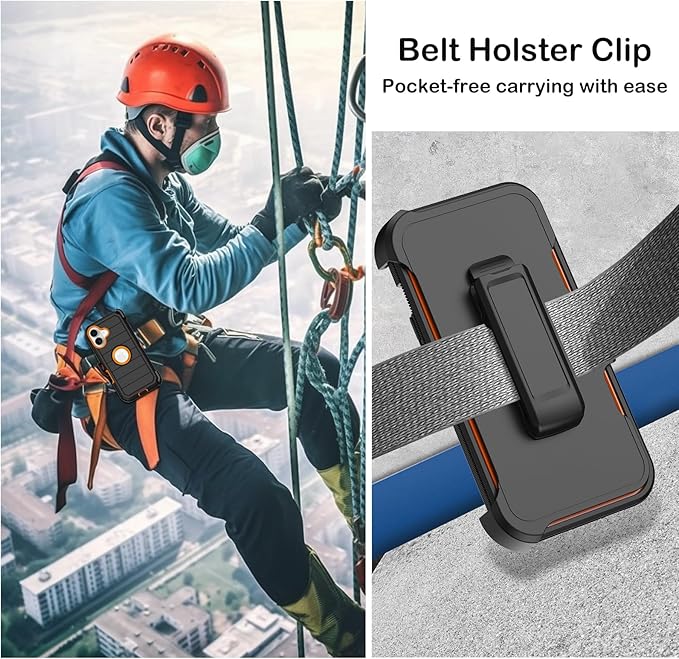 for iPhone 16 Case with 2 Screen Protectors,Heavy Duty Shockproof Drop Protection Military Grade Tri-Layer Rugged Cell Phone Cover with Belt Clip Holster & Kickstand for Apple 16 6.3“ Black Orange