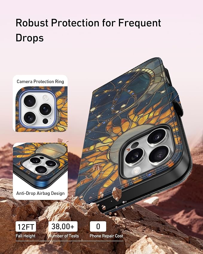 DEENAKIN for iPhone 16 Pro Wallet Case with Card Holder + Cash Clip, RFID-Blocking, Military-Grade Drop Protection, Magnetic Closure with Leather Kickstand - Solar Lunar Harmony