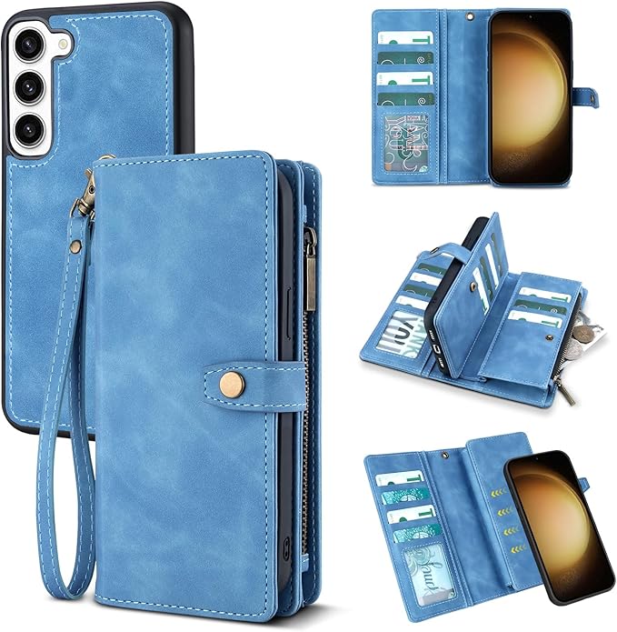TwoHead for Samsung Galaxy S23 Plus Wallet Case with Card Holder,Detachable Magnetic Phone Case for Galaxy S23 Plus,PU Leather All-Round Protective Phone Cover Wallet with Strap(6.6 in,Sky Blue)