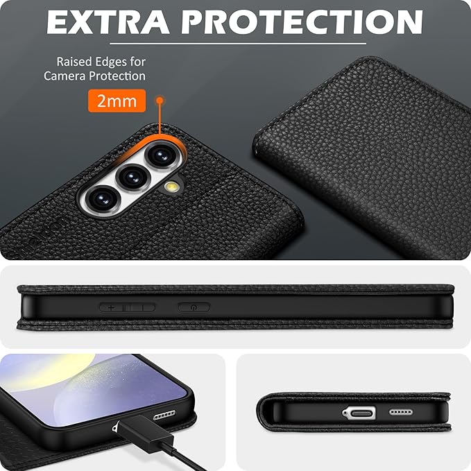 SHIELDON Wallet Case for Galaxy S25+ 5G, Genuine Leather Folding Case with Kickstand RFID Blocking Card Slots Magnetic Shockproof Phone Cover Compatible with Galaxy S25 Plus 6.7" - Pebbled Black