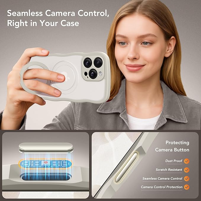 GolbinBox for iPhone 16 Pro Max Case for Women,[Compatible with Magsafe][360° Spin Magnetic Stand][Cute Wave Edge][Military-Grade Protection] Translucent Matte Phone Case for iPhone 16 ProMax, Stone