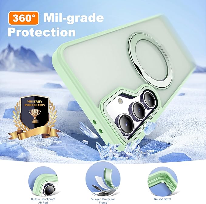 for Samsung Galaxy S24 FE Case with 360° Rotatable Magnetic Ring Stand Compatible with Mag-Safe Military Protection Shockproof Matte Translucent Phone Cases for S24 FE,Green