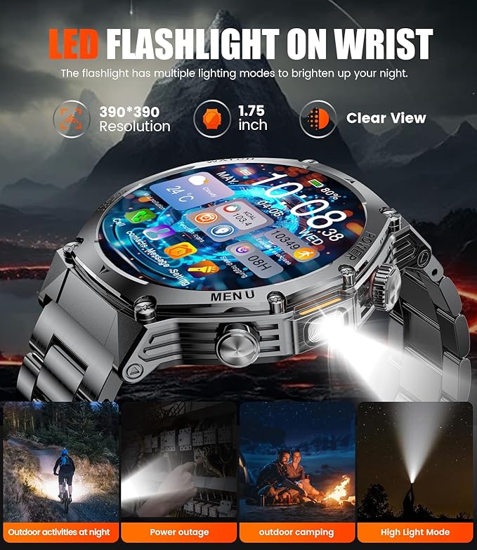 SUNKTA EF15 Military Smart Watch for Men - LED Flashlight, 1.75" HD Fitness Tracker Watch, 800mAh Long Battery Mens Smart Watches, 110+ Sport Mode/Pedometer/IP68 Waterproof Smartwatch for Android iOS