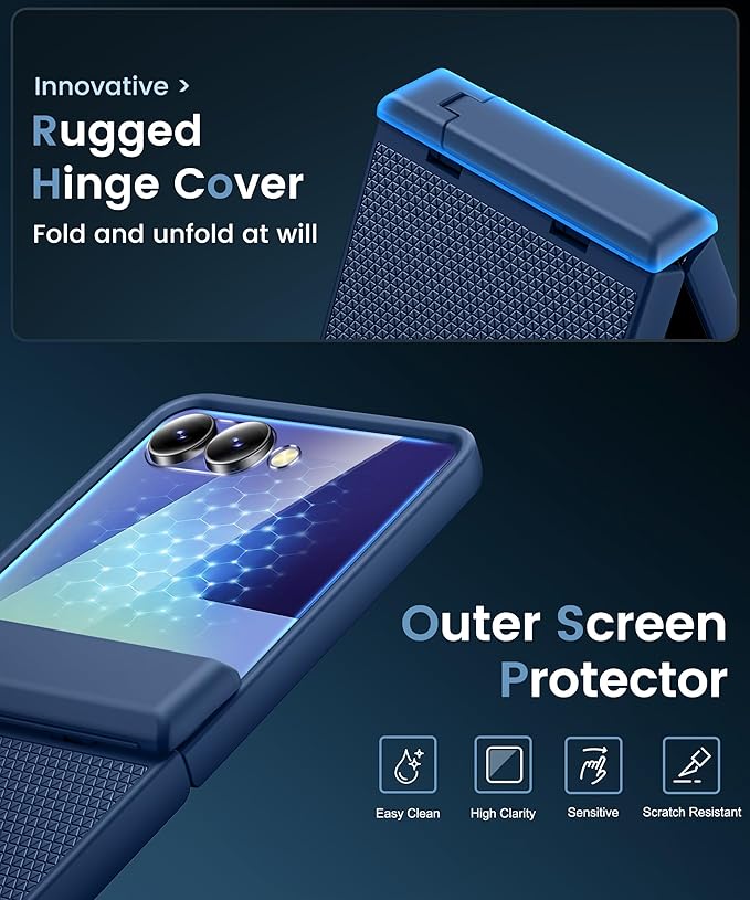 Vihibii for Samsung Galaxy Z Flip 7 Case Slim with Stand & Rugged Hinge Protection & Outer Screen Protector & Non-Slip Texture, Shockproof Protective Cover Phone Case for Galaxy Z Flip 7 5G 2025, Blue