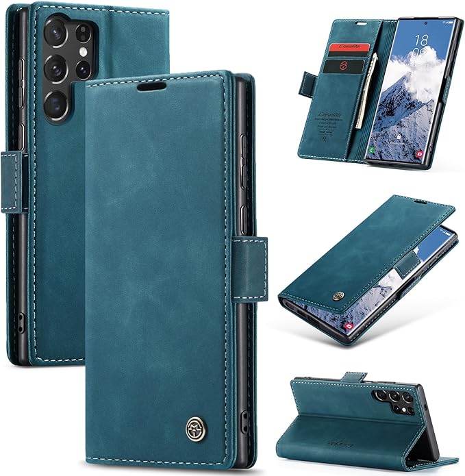 for Samsung Galaxy S25 Ultra Case, Flip Wallet Leather Case with Card Holder Magnetic Closure Shockproof Kickstand Protective Phone Cases Cover for Galaxy S25 Ultra, Blue-Green