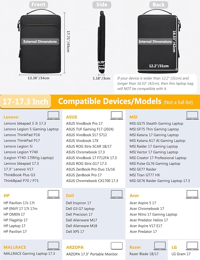 HYZUO 17-17.3 Inch Laptop Bag Case Sleeve for 17" 17.3" HP/Dell/Lenovo/ASUS/Acer/LG/MSI Gaming Laptop/Razer Blade 17/18, Notebook Carrying Briefcase for Men Women, Black