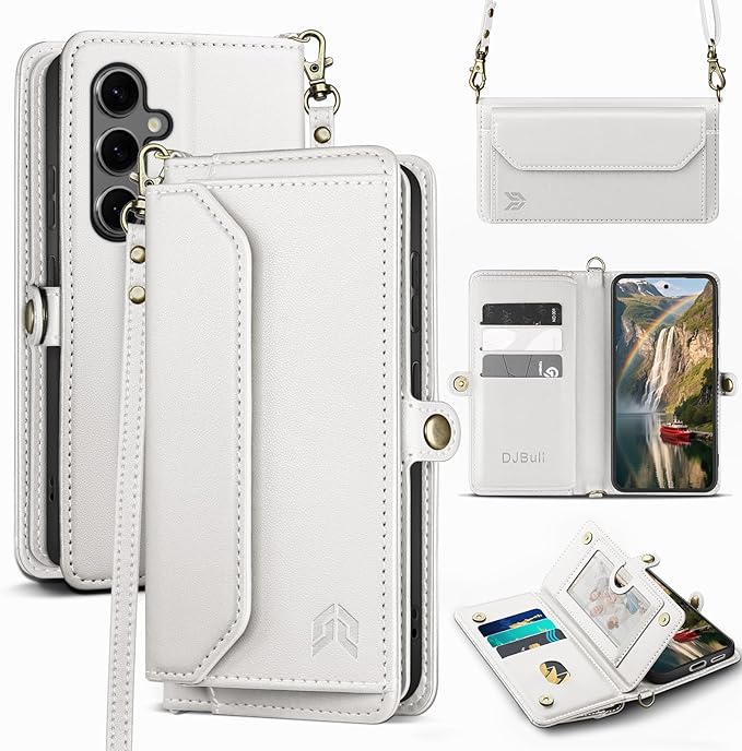 DJBull for Samsung Galaxy S25 Wallet Case with Card Holder, Shoulder and Wristlet Straps, Soft PU Leather, Magnetic Snap, Flip Phone Case for Women Men for Samsung S25 White