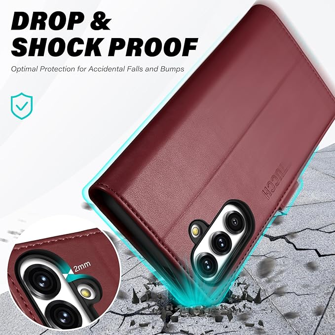 TUCCH Wallet Case for Galaxy S25 Plus 5G, Magnetic Kickstand RFID Blocking Card Slot Folio PU Leather Protective Flip Cover with TPU Shockproof Inner Case Compatible with Galaxy S25 Plus, Dark Red