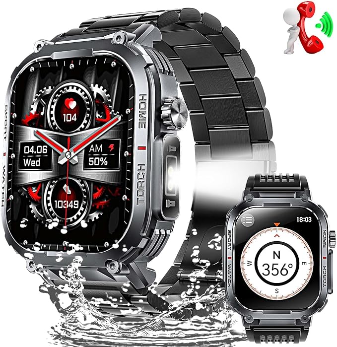 Military Smart Watches for Men with LED Flashlight Compass (Answer/Make Call) 2.02" Screen Waterproof Smartwatch with Sport Modes Health Monitor 400mAh Rugged Smartwatch for iPhone Android (2 Straps)