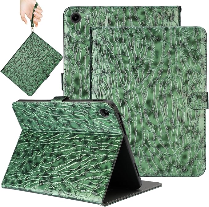 Elegant Case for Samsung Galaxy Tab A9 Plus 11 Inch 2023（Model: SM-X210/X216/X218）, Premium Leather Crocodile Cover | Stand | Card Pockets| Wrist Strap for Women Girls(Blackish Green)