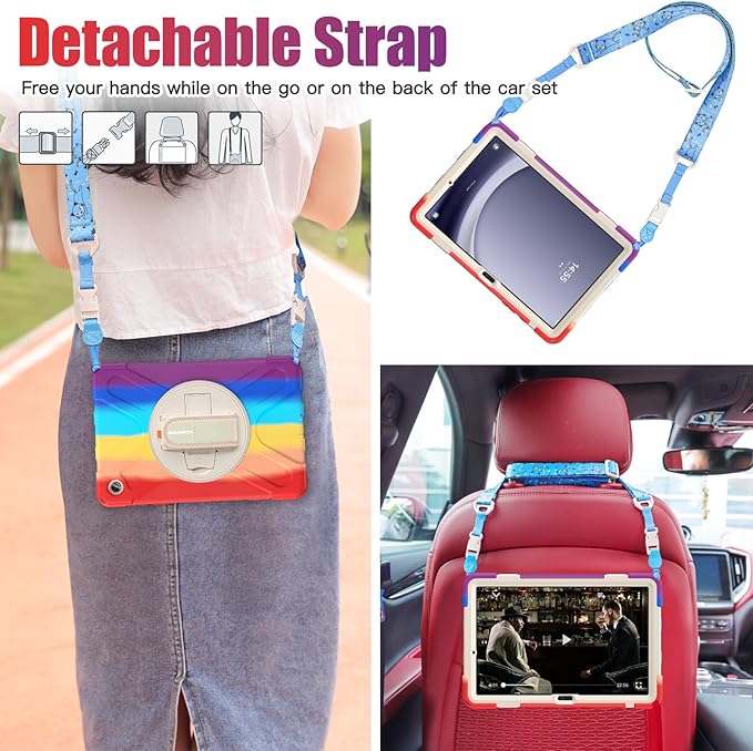 BRAECNstock Kids Case for Samsung Galaxy Tab A9+ Plus 11 inch (SM-X210/X216/X218) Shockproof Protective Case with Screen Protector Pen Holder [Rotating Hand Strap+Stand], Colorful Red