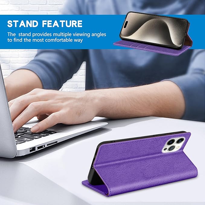 ZZXX for iPhone 15 Pro Max Wallet Case with [RFID Blocking] Card Slot Stand Strong Magnetic Leather Flip Fold Protective Phone Case for iPhone 15 Pro Max Case Wallet(Purple-6.7 inch)