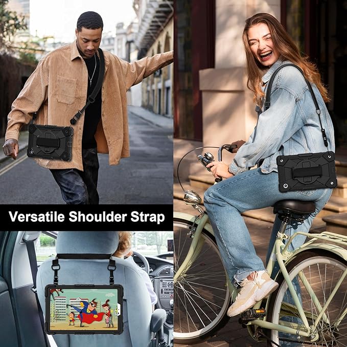 for Samsung Galaxy Tab A9 Case 8.7 inch (SM-X110/X115/X117), Heavy Duty Shockproof Silicone Cover Rugged 360 Stand Hand Shoulder Strap for Galaxy A9 Tablet Black+Black