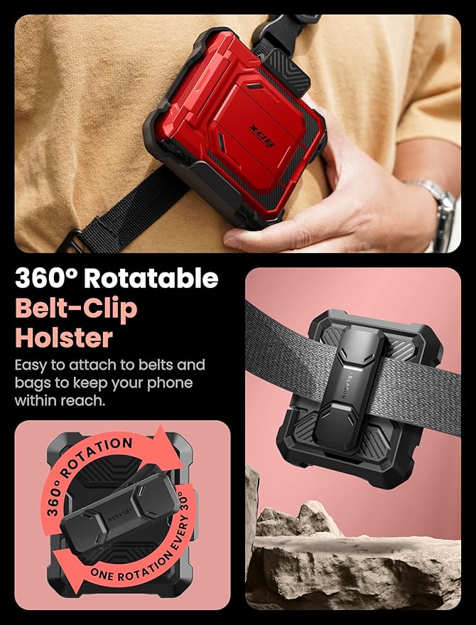 i-Blason for Samsung Galaxy Z Flip 7 Case with Stand, [Tempered Glass Screen Protector] [Hinge Protection] [Belt-Clip], Full-Body Military Protection Phone Case for Samsung Z Flip 7, Armorbox, Red