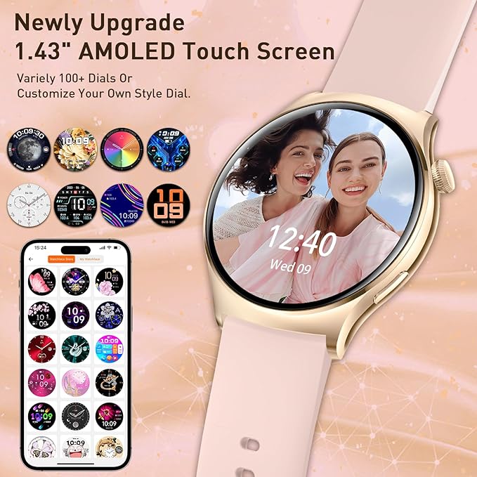 Smart Watch for Women Men(Answer/Make Calls) 1.43" HD Fitness Tracker Watchs with IP68 Waterproof/100+ Sports Modes/Heart Rate Sleep Monitor/Counter for Android/iPhone, Pink