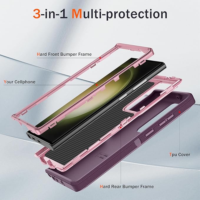 for Samsung Galaxy S23 Ultra Case with [2 Pack] HD Screen Protector, [Military-Grade] Shockproof Dust/Drop Proof 3-Layer Full Body Protection Heavy Duty Case for Galaxy S23 Ultra, Deep Purple