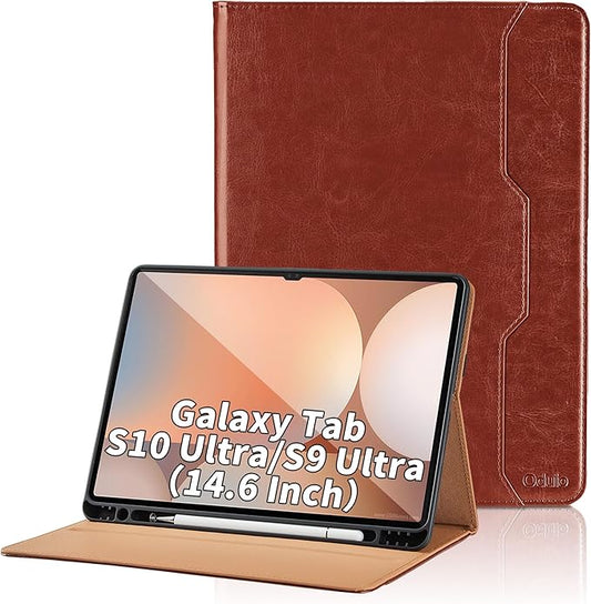 Case for Samsung Galaxy Tab S10 Ultra 2024/S9 Ultra 2023 14.6-Inch, Model SM-X920/X926B/X910/X916B, PU Leather Business Folio Cover with S Pen Holder and Pocket, Brown