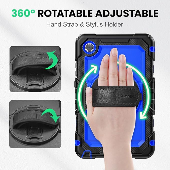 SEYMAC Case for Lenovo Tab One 8.7 inch/ K9 TB305FU (2025), Heavy Duty Full-Body Shockproof Protective Case with Screen Protector, Stand, Hand/Shoulder Strap and Pen Holder, Dark Blue