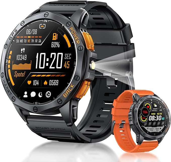 Military Smart Watch With GPS, 170+ Sport Modes Smartwatch with Heart Rate Monitor, Compass, Flashlight, GPS, Smart Watch for men,1.43" AMOLED Screen Bluetooth Call,Compatible iOS & Android (2 Bands)