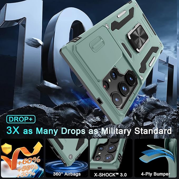 DEERLAMN Case for Samsung Galaxy S25 Ultra with Slide Camera Cover+Screen Protector (1 Pack), Rotated Ring Kickstand Military Grade Shockproof Protective Cover-Green