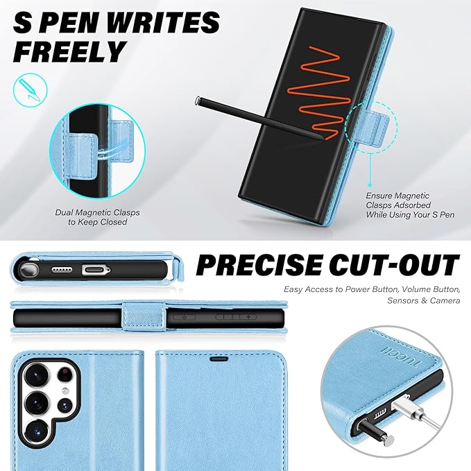 TUCCH Case Wallet for Galaxy S25 Ultra 5G, Magnetic PU Leather Kickstand [RFID Blocking] Card Slot Flip Cover with [TPU Shockproof Interior Case] Compatible with Galaxy S25 Ultra, Pearly Light Blue