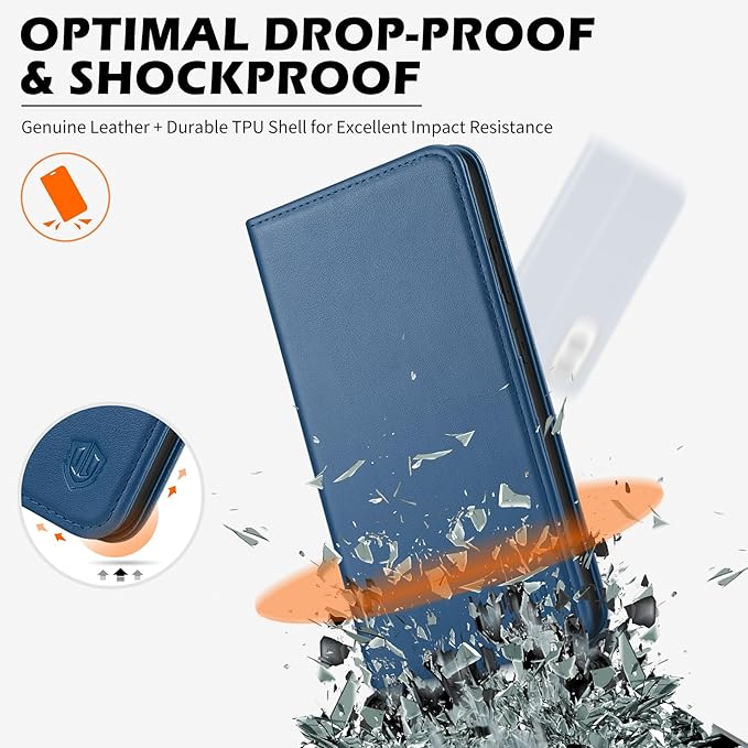 SHIELDON Case for Galaxy S25 Edge 6.7", Genuine Leather Wallet Magnetic Case with RFID Blocking Card Holder Kickstand Shock Absorbing Cover Compatible with Galaxy S25 Edge 2025 - Nappa Royal Blue