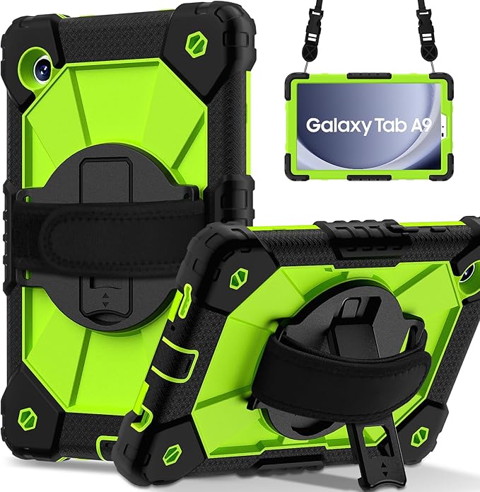 for Samsung Galaxy Tab A9 Case 8.7 inch (SM-X110/X115/X117), Heavy Duty Shockproof Silicone Cover Rugged 360 Stand Hand Shoulder Strap for Galaxy A9 Tablet,Black+Olivine