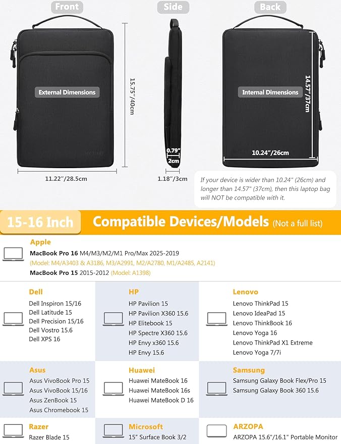 HYZUO 15-16 Inch Laptop Bag Sleeve for MacBook Pro 16 M4 M3 M2 M1 2025-2019, 15" Surface Book, Notebook Case for 15" 15.6" Dell HP Lenovo ThinkBook Asus Acer Samsung Huawei, Black