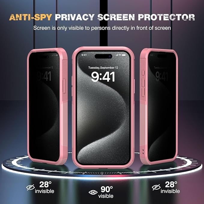 Diaclara Designed for iPhone 15 Pro Max Case, [with Privacy Screen Protector] [Anti Spy] [Military Grade Drop Protection] Heavy Duty Full-Body Shockproof Phone Case, Pink